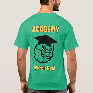 gele tekst en bal op achterzijde t-shirt