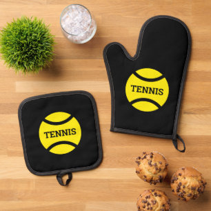 Gele tennisbal logo gepersonaliseerde keuken ovenwant & pannenlap set