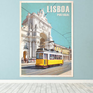 Gele Tram, Augusta Street Arch. Lissabon, Portugal Canvas Afdruk