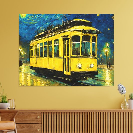 gele tram op een sterrennacht - Budapest Canvas Afdruk (Insitu (Woonkamer))