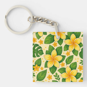 Gele tropische bloemen met weelderige groene blade sleutelhanger