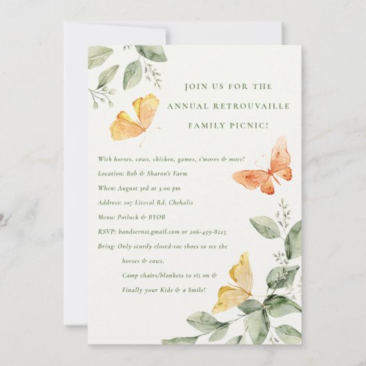 Gele Tuinblad Vlinders Jaarlijkse Picknick Kaart (Voorkant)