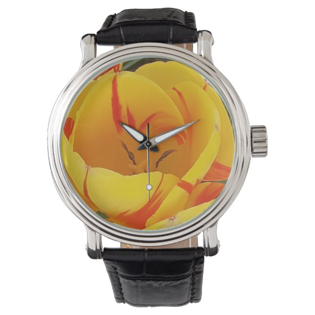 Gele Tulip Black Strap Watch Horloge (Voorkant)