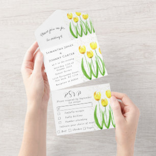 Gele Tulpen Bloemen Waterverf Lente Bruiloft All In One Uitnodiging