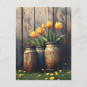 Gele Tulpen in Rustieke Cannisters Art Briefkaart