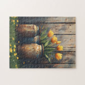 Gele Tulpen in Rustieke Cannisters Art Legpuzzel (Horizontaal)