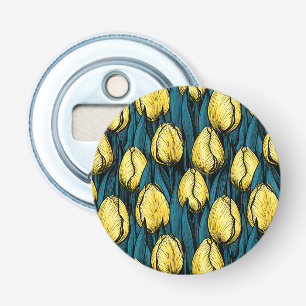 Gele tulpen met blauwe bladeren button flesopener