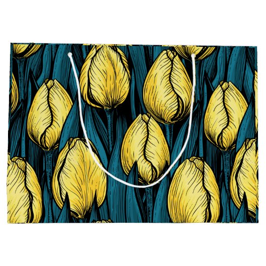 Gele tulpen met blauwe bladeren groot cadeauzakje (Achterkant)
