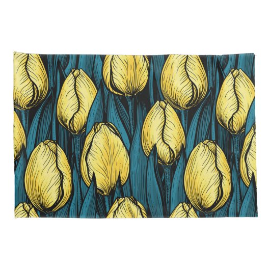 Gele tulpen met blauwe bladeren kussensloop (Achterkant-Rechts)