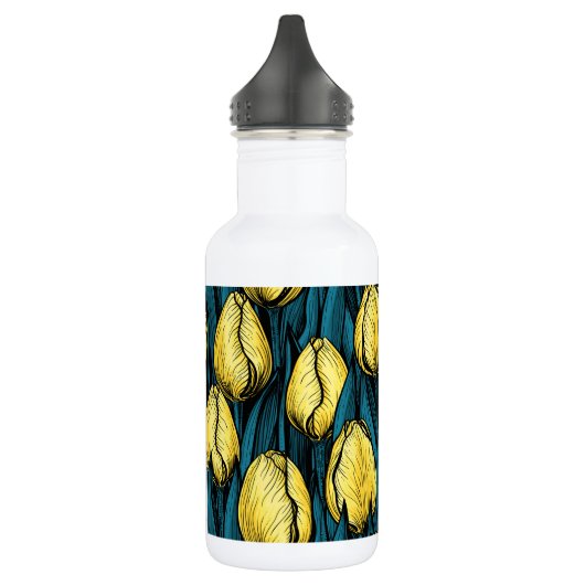 Gele tulpen met blauwe bladeren waterfles (Links)