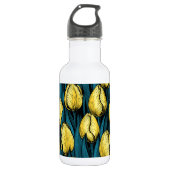 Gele tulpen met blauwe bladeren waterfles (Voorkant)