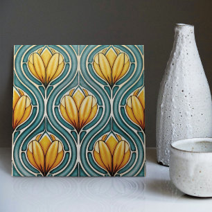 Gele Tulpen op Blauwe Symmetrische Kunst Nieuwe Tegeltje