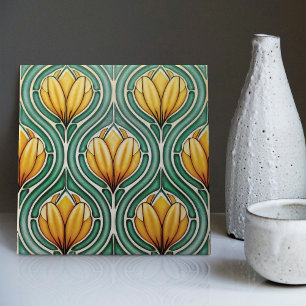 Gele Tulpen Symmetrisch Patroon Kunst Nieuwe Tegeltje