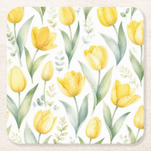 Gele tulpen watercolor bloemschilderkunst botanisc vierkante kartonnen onderzetter