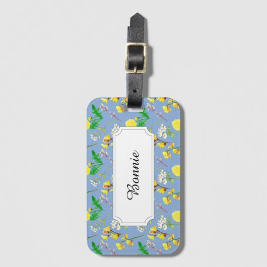 Gele veld bloemen op blauw bagagelabel (Voorkant (verticaal))