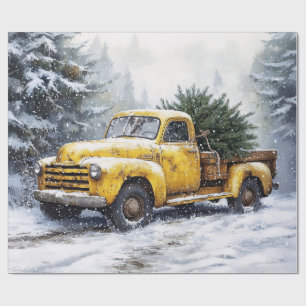 Gele Vintage Pickup Truck Kerstboom Cadeaupapier