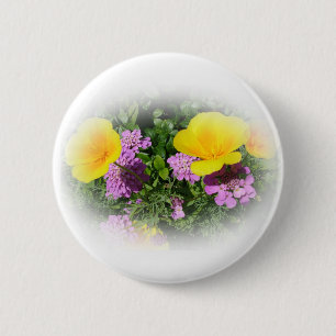 gele viooltjes en paarse tuinbloemen ronde button 5,7 cm