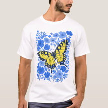 Gele vlinderstaart blauwe bloem t-shirt