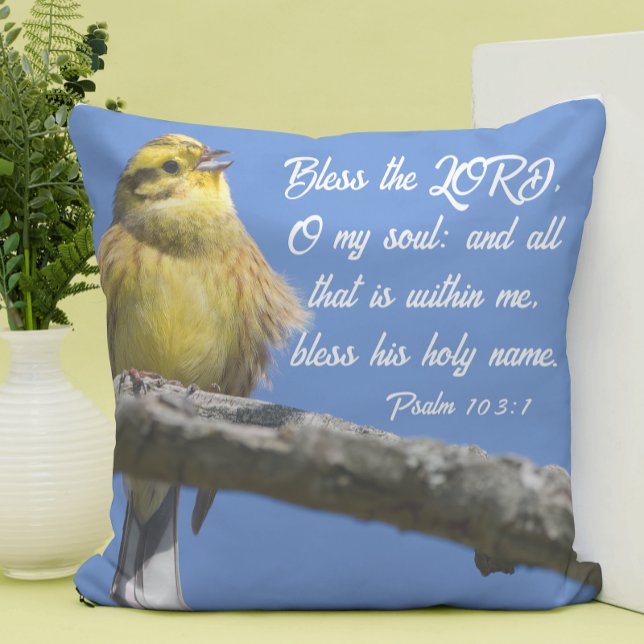 Gele vogel Bless the Lord O my Soul Scripting Kussen (Creator heeft geüpload)