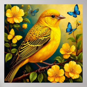 Gele vogel neergestreken tussen heldere bloesems poster