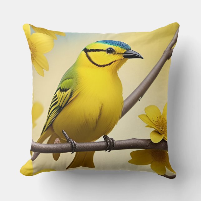 🌿 Gele Vogel Tak Huis Accent Decoratie Kussen (Voorkant)