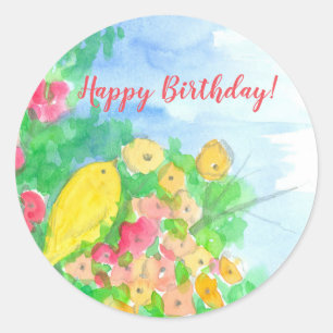 Gele vogelbloemen Happy Birthday Custom Ronde Sticker