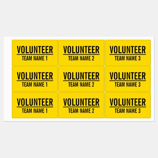 Gele vrijwilligersbadge met de naam van het team v labels (Vel)