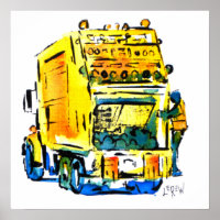 Gele vuilniswagen / Kunstenaar Larry Lerew