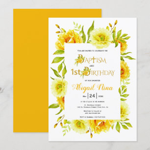 Gele waterverf bloeit doop en 1e verjaardag kaart