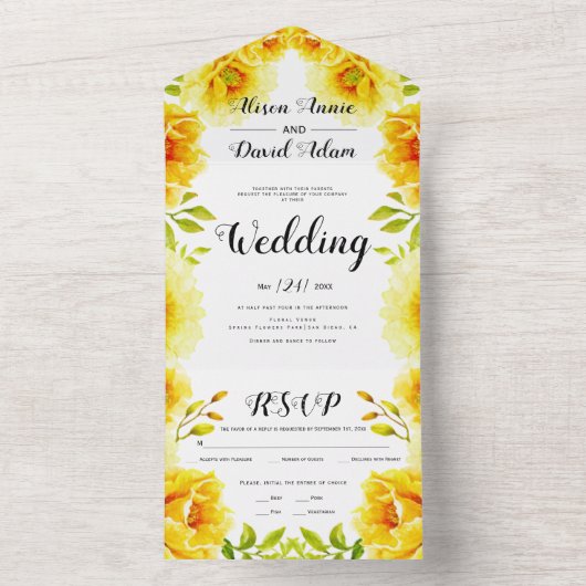 Gele waterverf bloemen, bloem lijst bruiloft all in one uitnodiging (Binnen)