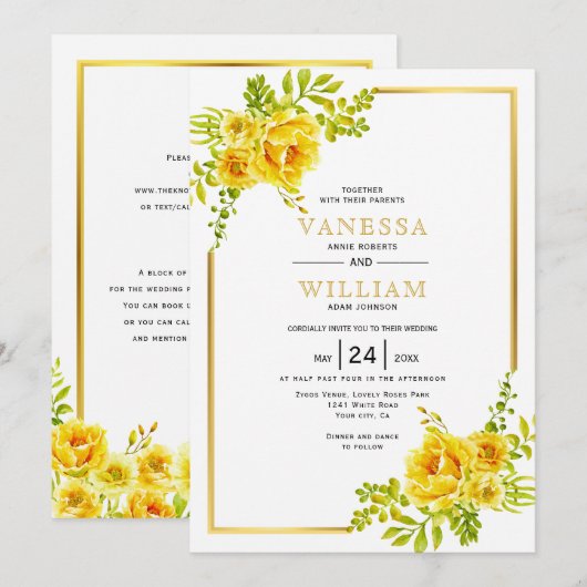 Gele waterverf bloemen bruiloft aanvraag kaart (Voorkant / Achterkant)