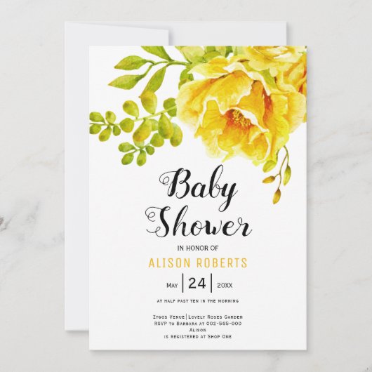 Gele waterverf bloemen en bladeren baby shower kaart (Voorkant)