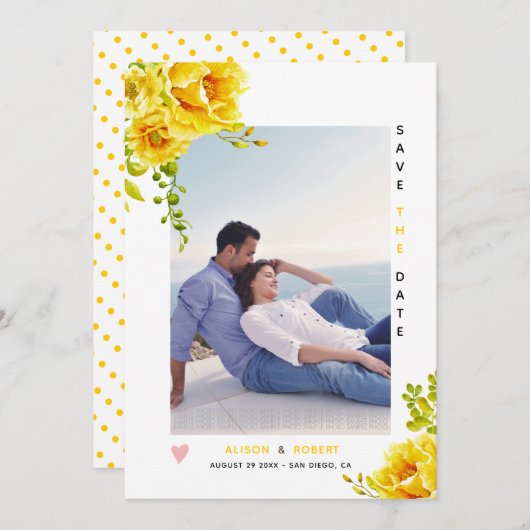 Gele waterverf bloemen, groene bladeren en foto's save the date (Voorkant / Achterkant)