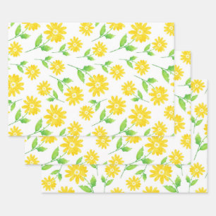 Gele Waterverf Daisy Stems Pattern Inpakpapier Vel