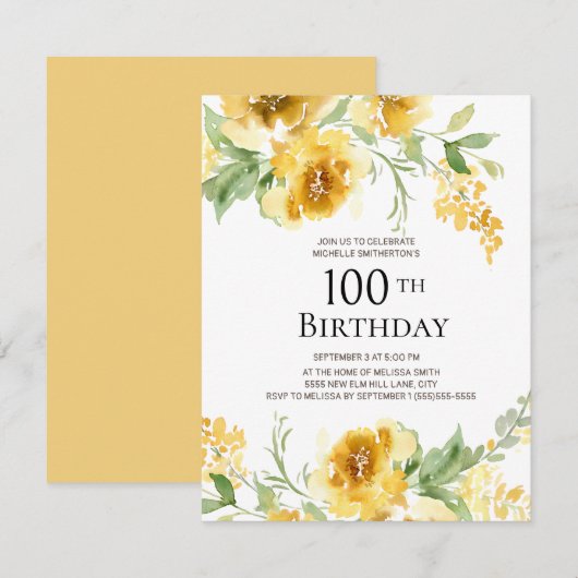 Gele Waterverf Floral Greenery 100th Birthday Kaart (Voorkant / Achterkant)