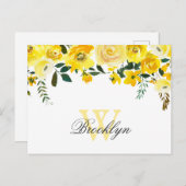 Gele Waterverf Floral Monogrammed Dank u Briefkaart (Voorkant / Achterkant)