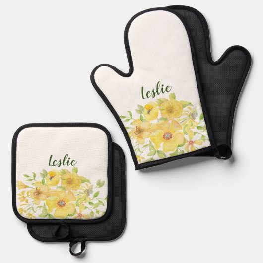 Gele waterverf ovenwant & pannenlap set (Voorkant / Achterkant)