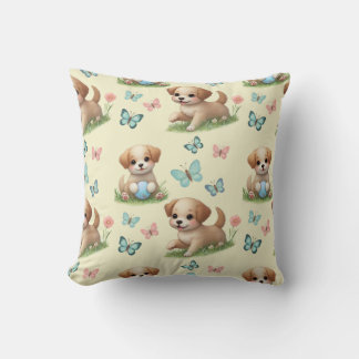 Gele waterverf Puppies en Vlinders Kussen