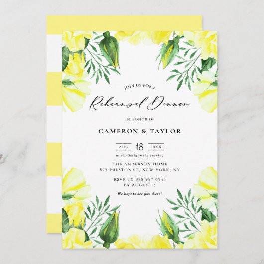 Gele Waterverf Rozen Garland Rehearsal Dinner Kaart (Voorkant / Achterkant)