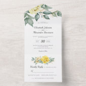Gele waterverf rozen klassieke groene bruiloft all in one uitnodiging (Binnen)