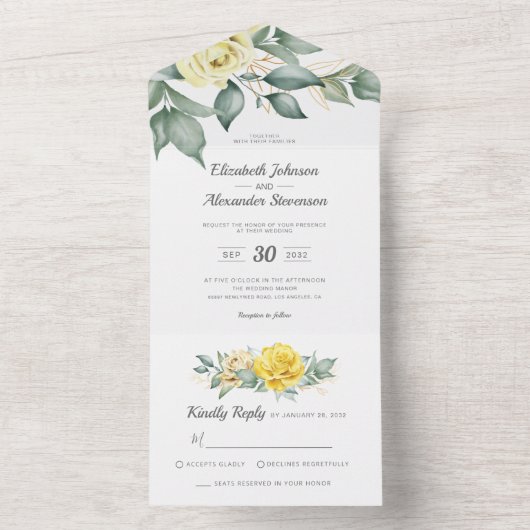 Gele waterverf rozen klassieke groene bruiloft all in one uitnodiging (Binnen)