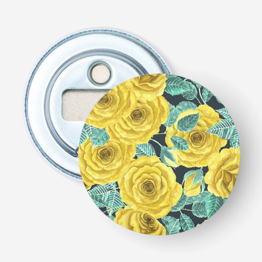 Gele waterverf rozen met bladeren en knoppen button flesopener (Voorkant)