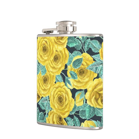 Gele waterverf rozen met bladeren en knoppen heupfles (Links)