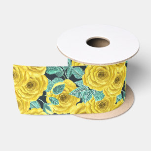 Gele waterverf rozen met bladeren en knoppen lint