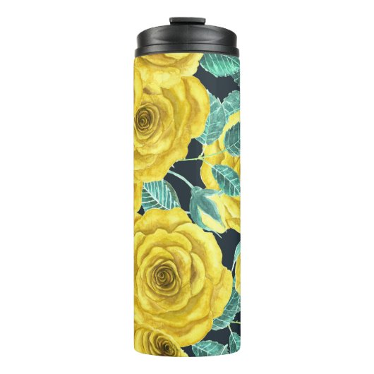 Gele waterverf rozen met bladeren en knoppen thermosbeker (Voorkant)