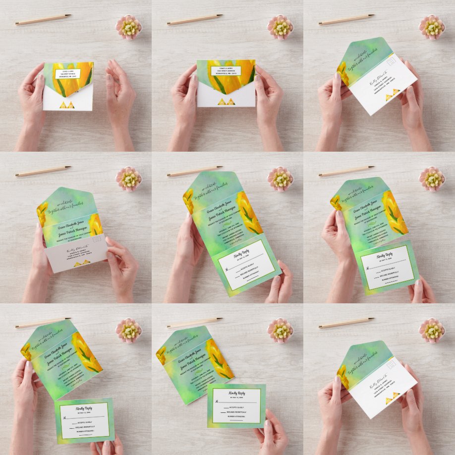 Gele Waterverf tulpen allemaal in één bruiloft All In One Uitnodiging