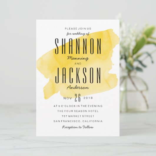 Gele Waterverf Wash bruiloft uitnodiging (Staand voorkant)
