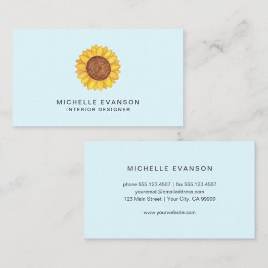 Gele Waterverf Zonnebloem Logo op Aqua Blue Visitekaartje (Voorkant / Achterkant)