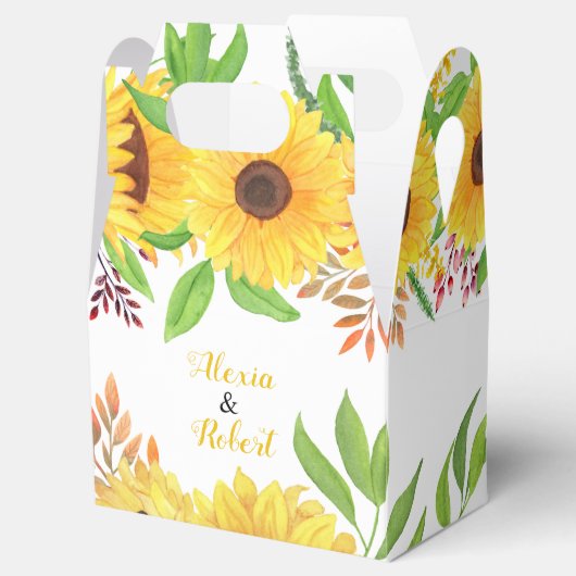 Gele waterverf zonnebloemen en bladeren bruiloft bedankdoosjes (Geopend)