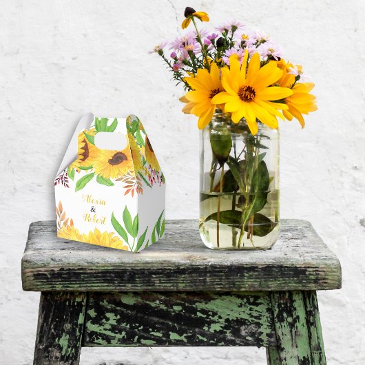 Gele waterverf zonnebloemen en bladeren bruiloft bedankdoosjes